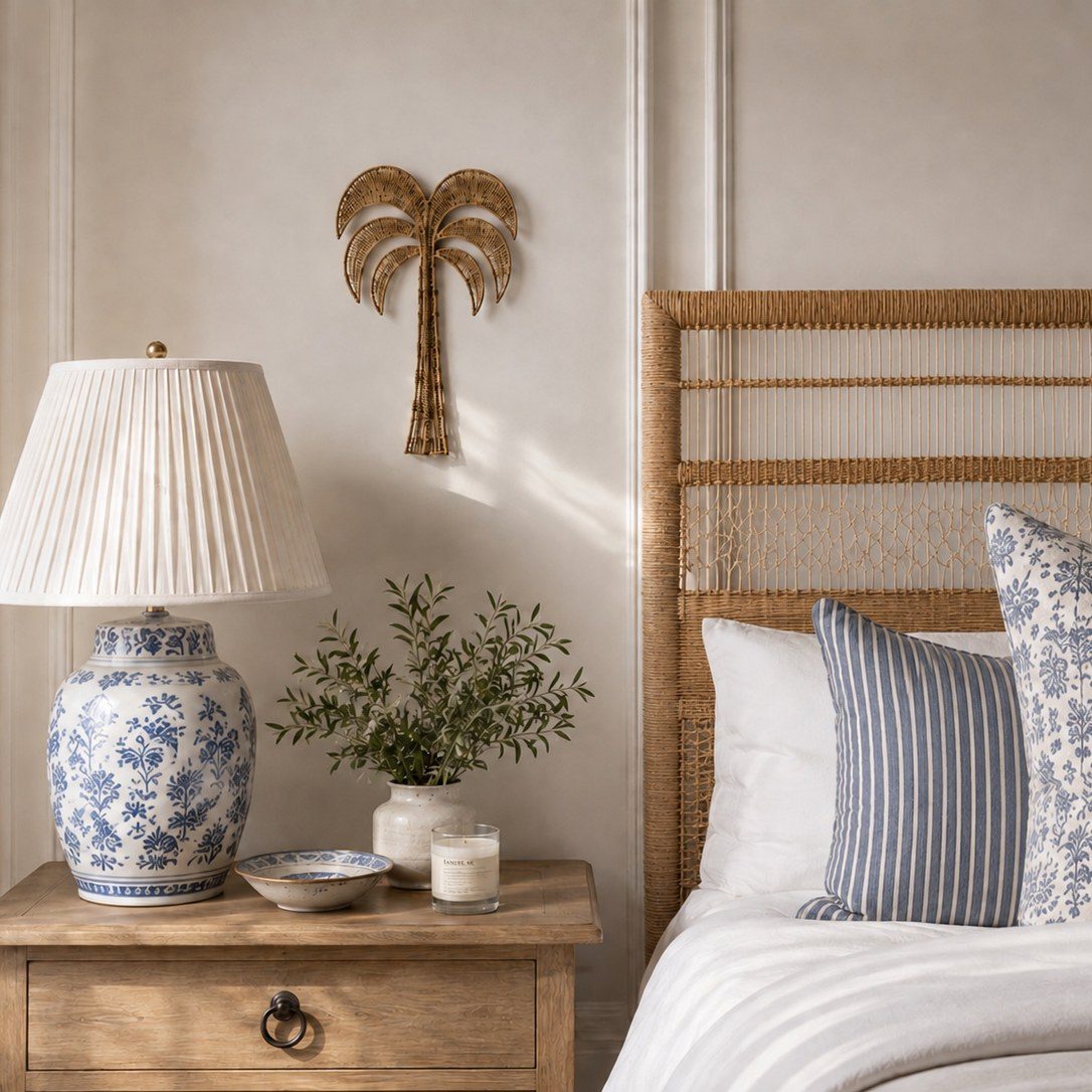 Woven palm tree wall decor above a bedside table next to a rattan headboard and blue and white linen