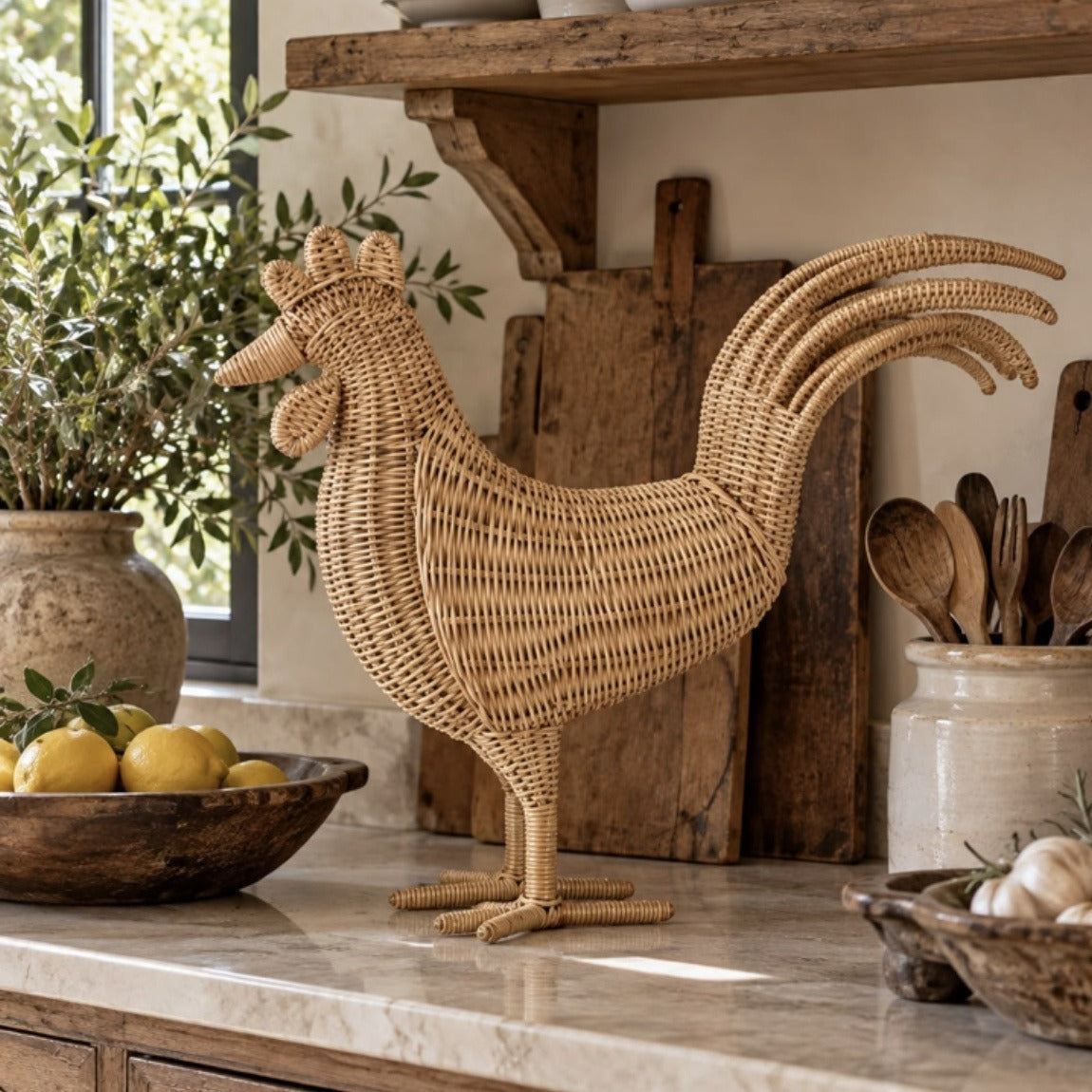 Hand-woven natural cane rooster standing on a kitchen counter