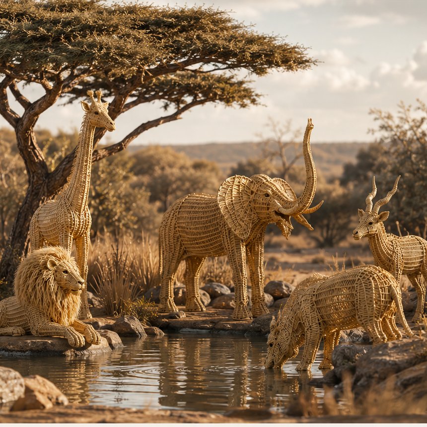 Malawi Cane Safari Collection handwoven cane animals at a waterhole