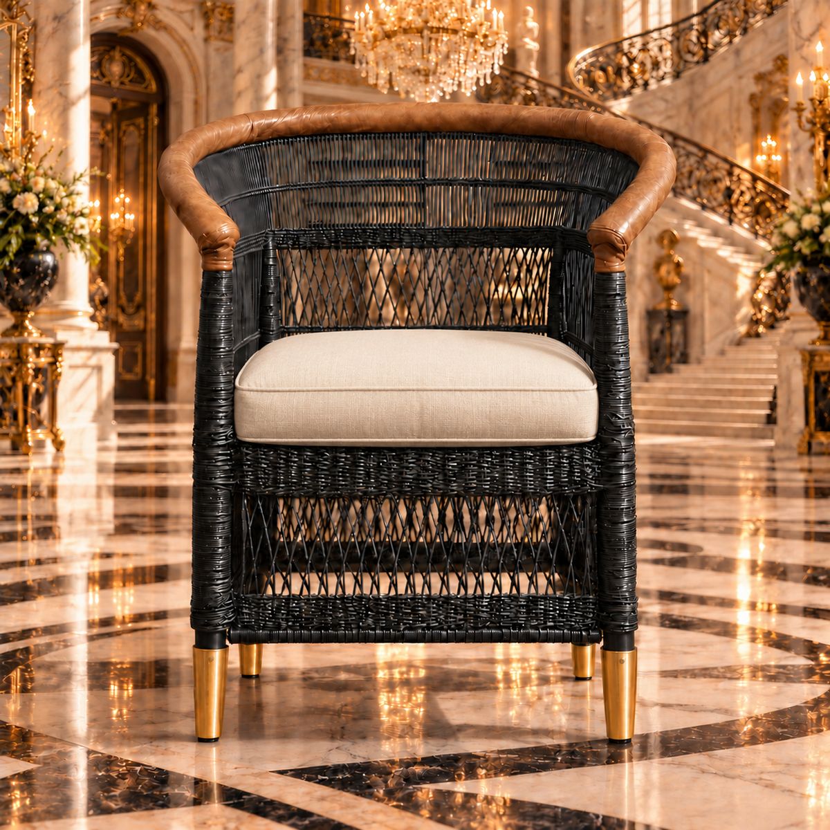 Versailles Traditional Malawi cane chair in black with tan leather arm, brass feet and cream foam seat cushion
