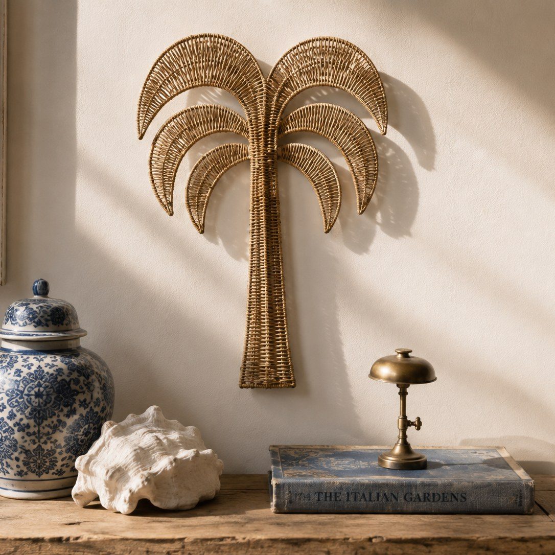 Hand-woven rattan palm tree wall decor hung above a console table beside a blue and white ginger jar