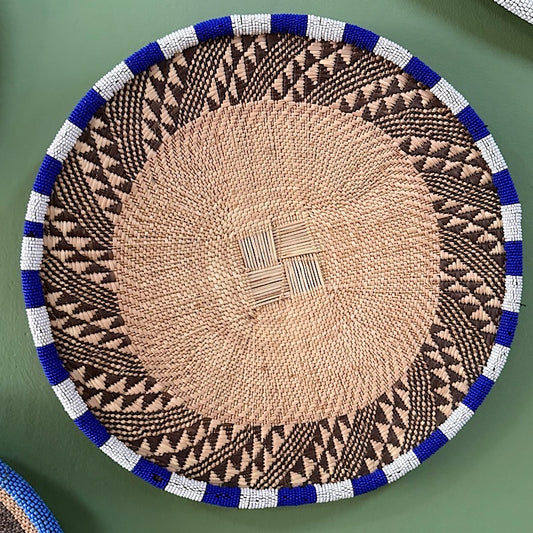 Binga Basket - Beaded - White / Blue Trim