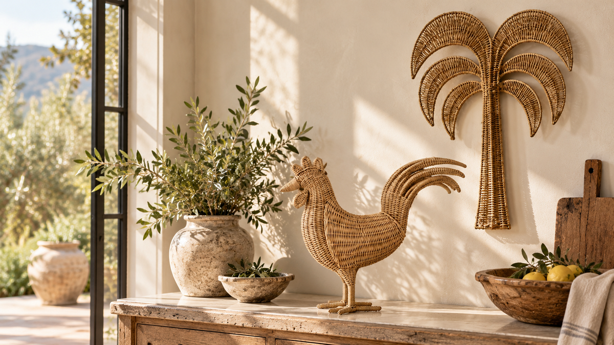 Woven cane rooster beneath a rattan palm tree wall piece