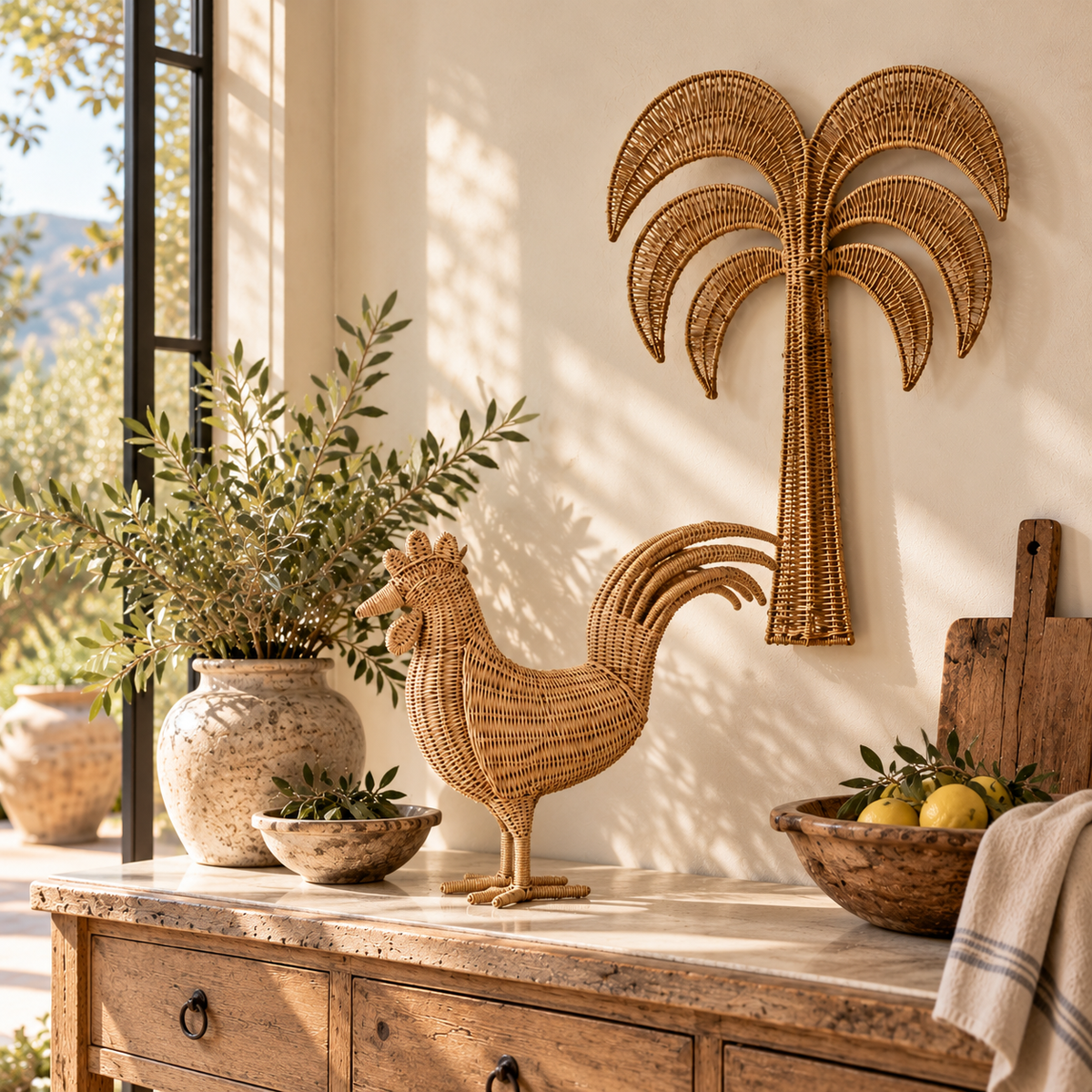 Woven cane rooster beneath a rattan palm tree wall piece