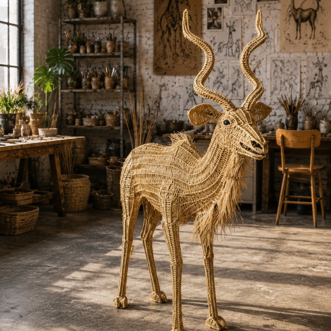 Handwoven natural cane kudu sculpture with spiral horns – Malawi Cane Safari Collection