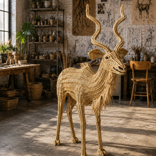 Handwoven natural cane kudu sculpture with spiral horns – Malawi Cane Safari Collection