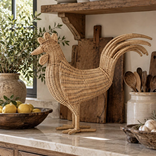 Hand-woven natural cane rooster standing on a kitchen counter