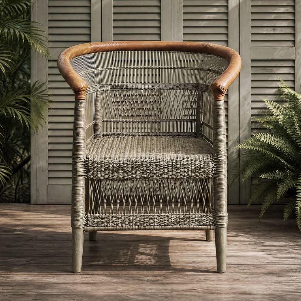Olivia Luxe Traditional Malawi cane chair in sage green with tan leather-wrapped arm rail