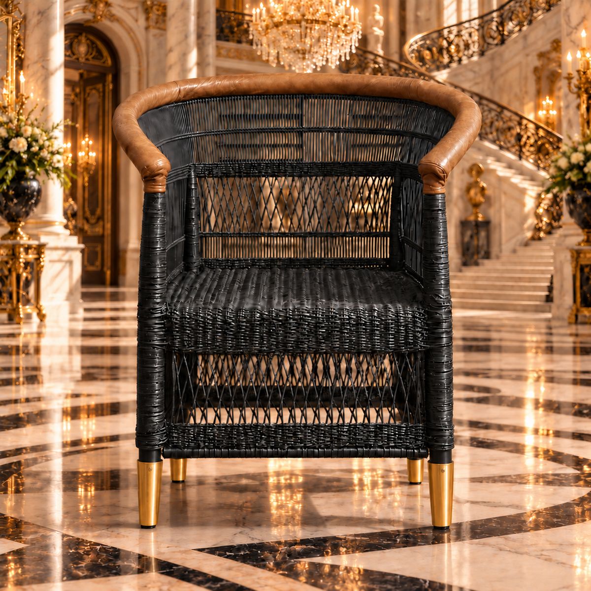 Versailles Traditional Malawi cane chair in black with tan leather-wrapped arm rail and brass feet